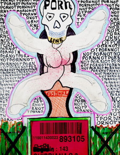 2023. Trophéé du festival NotPorn by chipriana. Marqueurs permanent, bombe et collage sur papier brillant 20,4x29,7cm